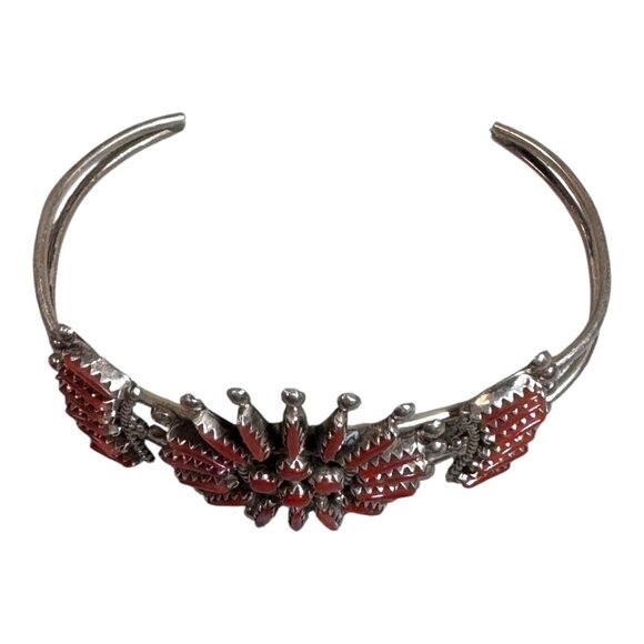 Zuni Gerald Etsate Sterling Silver Coral Zuni Sunburst Needlepoint Cuff Bracelet - Picture 2 of 6